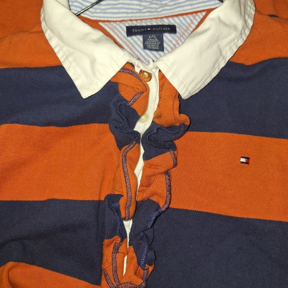 Tommy Hilfiger Rugby 3/4 Sleeve Shirt Large Blue Orange Stripe Polo L Bears - Picture 3 of 4